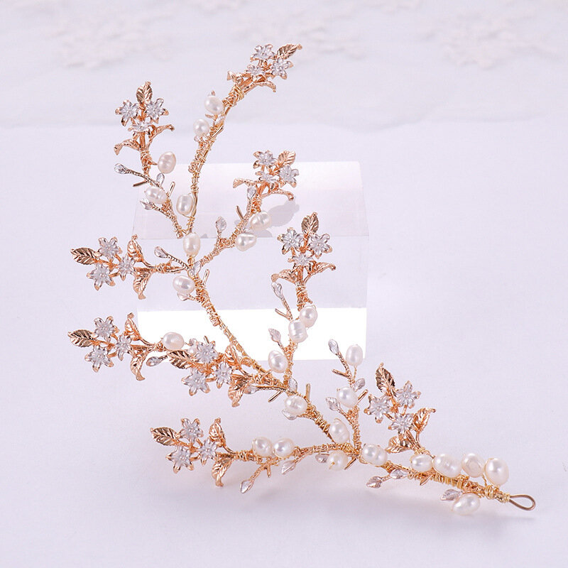 Tiara nupcial de perlas florales, accesorios dorados