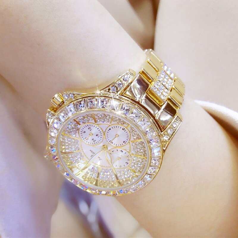 Bs carta 38mm grandes pedras mulheres relógios de diamante cristal luxo quartzo analógico ouro prata rosa cor gelo para fora vestido relógio pulso