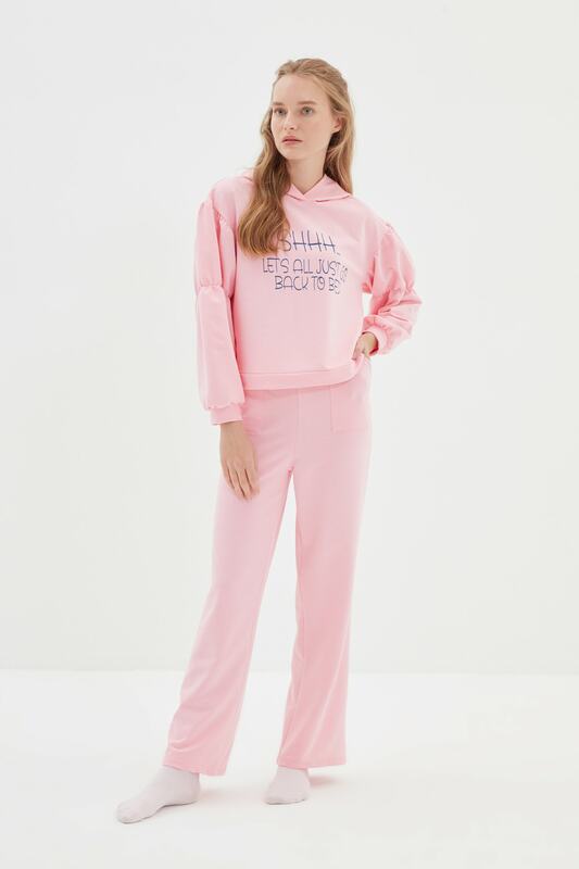 Trendyol slogan impresso 2 fios de malha pijamas conjunto thmaw22pt0550