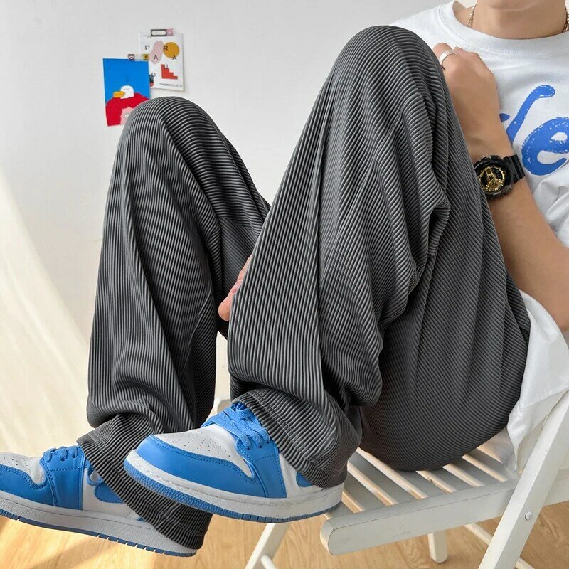 Pantalones rectos para hombre, pantalón de chándal fino y suelto, elástico, de secado rápido, transpirable, informal, moda de verano, 2022