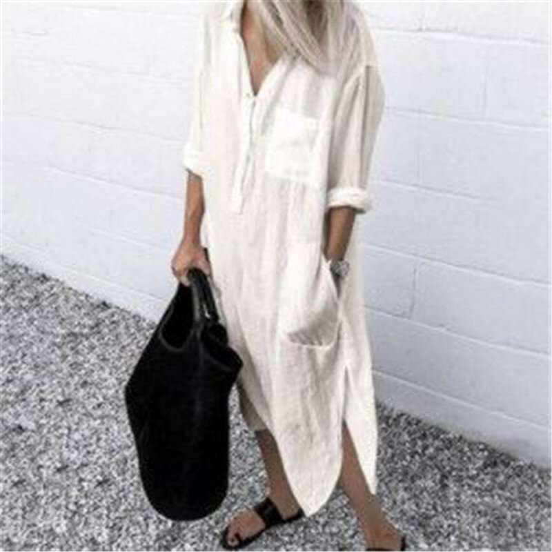 2022 Summer And Autumn Elegant Explosion Style Loose And Comfortable Cotton Solid Color Slit Simple Buttoned Long Dress Women