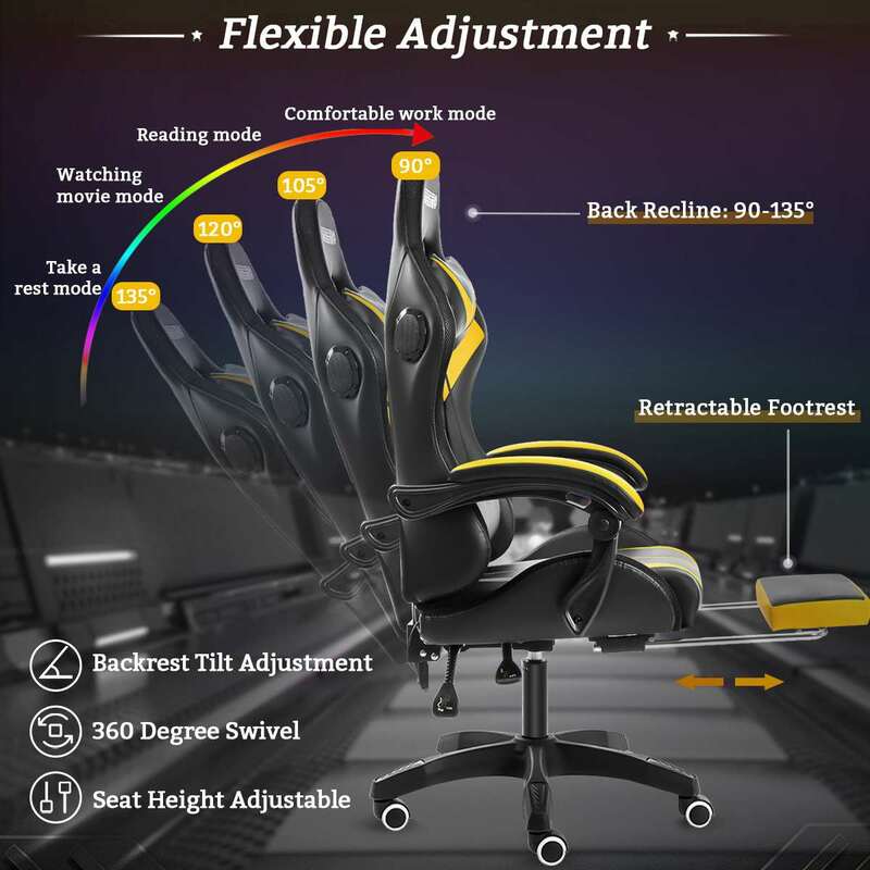 Chaise de Gaming ergonomique et inclinable à 135 degrés, idéale pour le bureau ou pour jouer à l'ordinateur, avec lumière RGB et haut-parleur Bluetooth, Massage en 2 points