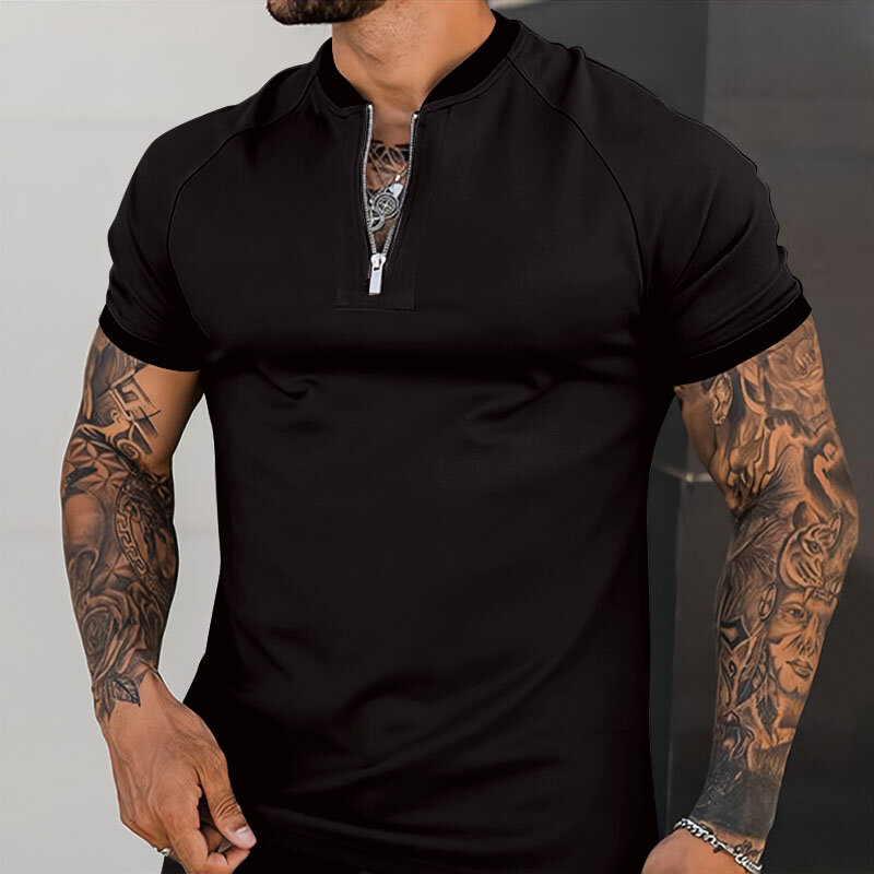 Moda męska T koszula z krótkim rękawem Fitness wokół szyi solidny kolorowy zamek błyskawiczny Casual koszulka polo męskie sportowe duże rozmiary Slim dopasowane koszulki 2022