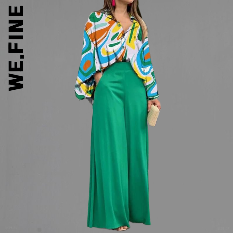 We.Fine Solid Color Womens Puff Sleeve Shirt Office Long Outfit Wide Leg Pants Fashion Two Piece Sets Sexy High Streetwear