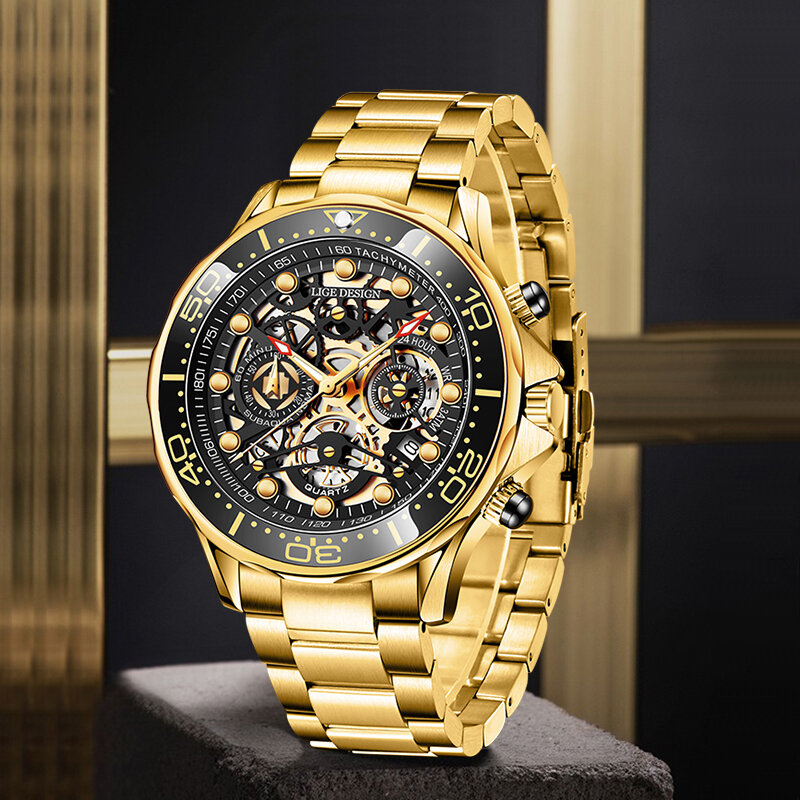 Lige relógios masculinos marca superior luxo oco data esporte relógio de ouro para homens moda pulseira de couro à prova dwaterproof água quartzo wristrelogio