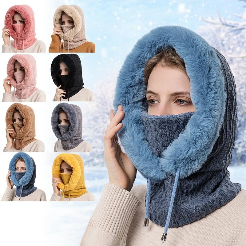 Зимняя теплая ветрозащитная вязаная шапка, женская шапка, маска для лица, уличный шарф для защиты ушей и шеи, вязаные шапки против холода