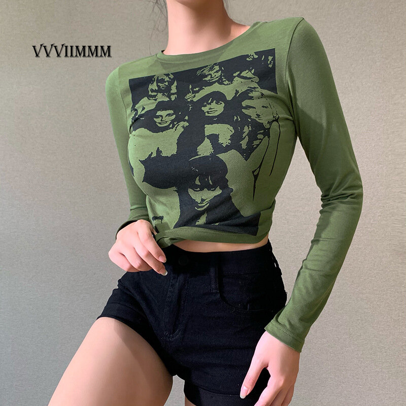 2022 damska wiosna/lato nowa damska Retro Hippie z nadrukiem z długim rękawem T-shirt Slim z długim rękawem Top Y2k odzież Crop Woman