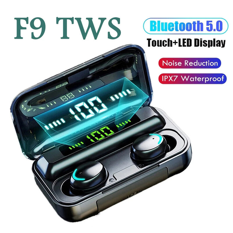 Auriculares TWS F9 inalámbricos por Bluetooth 5,0, Mini auriculares deportivos táctiles estéreo con ESTUCHE DE CARGA DE 2000mAh