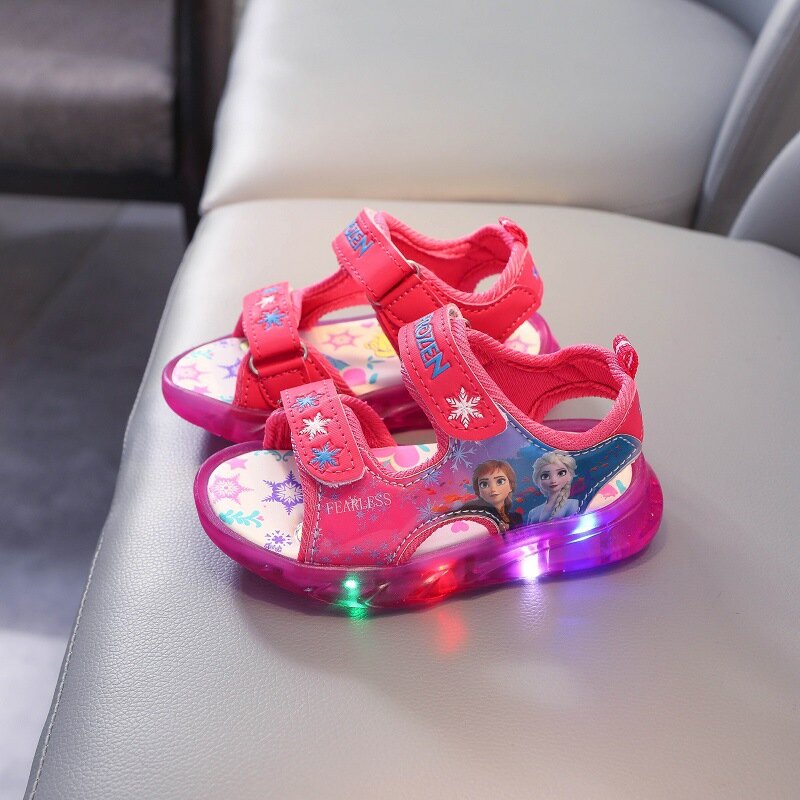 Sandalias de Frozen de Disney para niñas, zapatos de princesa Anna y Elsa, luminosas, deportivas, transpirables, de verano