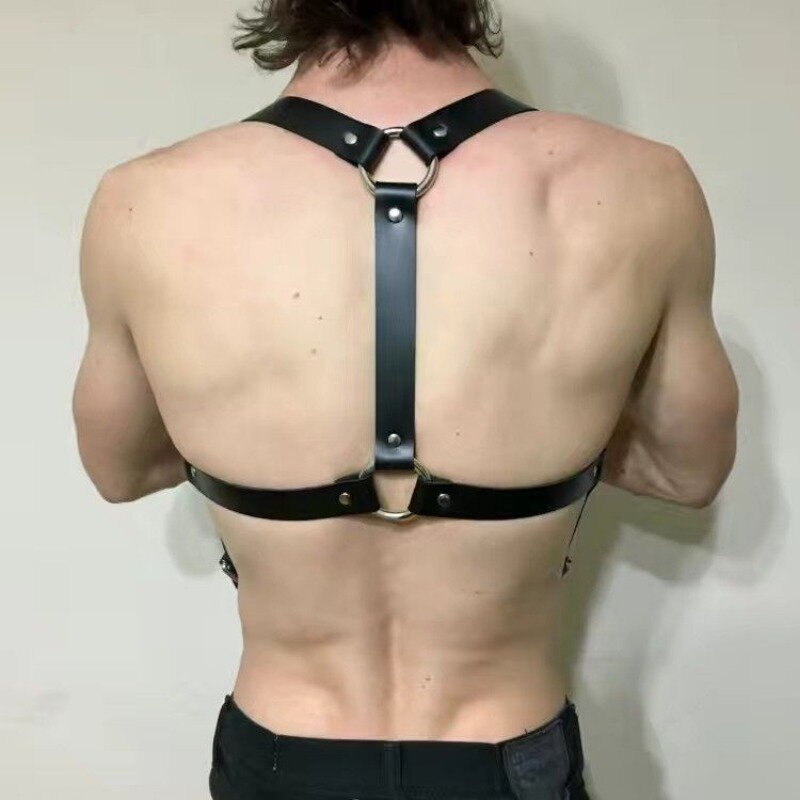 Tali kulit seksi pria berotot tali dada ikat pinggang tali elastis kulit tali logam bermain peran pakaian menggoda