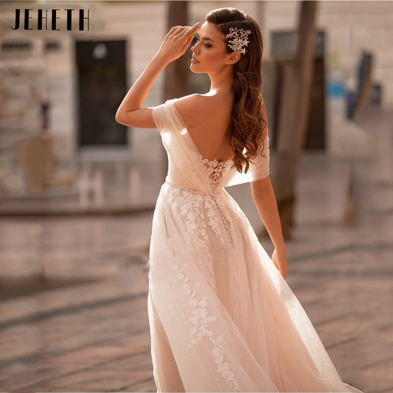 Женское платье с открытыми плечами JEHETH, фатиновое пляжное свадебное платье с открытой спиной, винтажное платье невесты с ремнем, 2022