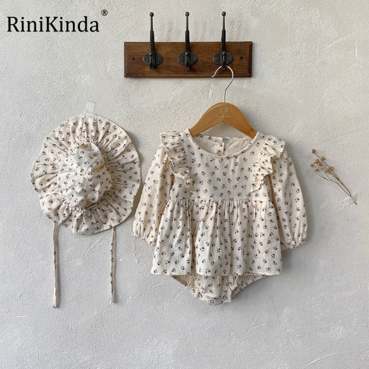 RiniKinda 2022 Autumn Baby Rompers Ruffled Collar Floral Retro Sweet Toddler Baby Girl Jumpsuits Ruffle Cute Kids Outfits