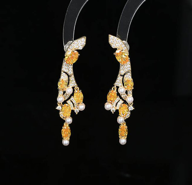 2022 new water drop women elegant earring zircon luxury daily vintage yellow gem pearl long fashion jewelry