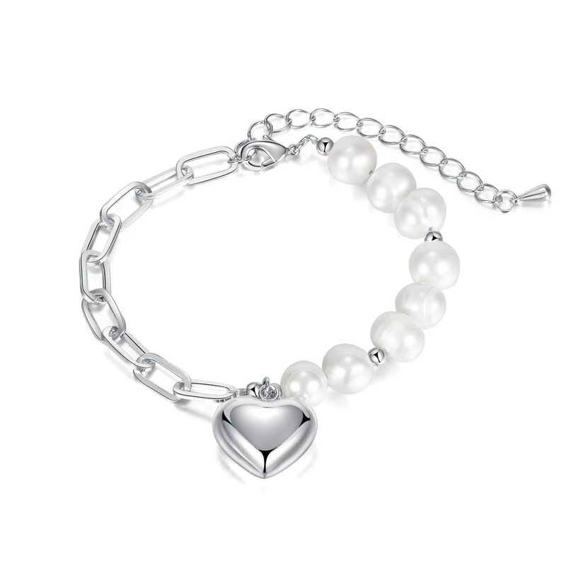 Pulsera de acero inoxidable con perlas naturales de agua dulce, brazalete ligero de lujo con diseño de nicho, corazón de amor, regalos de joyería, tendencia