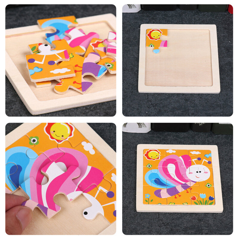 Mini Size 11*11CM Kids Toy Wood Puzzle Wooden 3D Puzzle Jigsaw For Children Baby Cartoon Insect Animal Puzzles Educational Toy