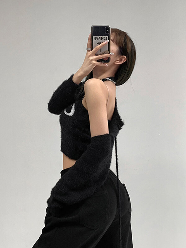 Sweter Musim Gugur Pakaian Rajut Antik Dua Potong Setelan Kardigan Lengan Panjang Mode Korea Set Atasan Crop Huruf Y2k Pakaian Rompi Sweter