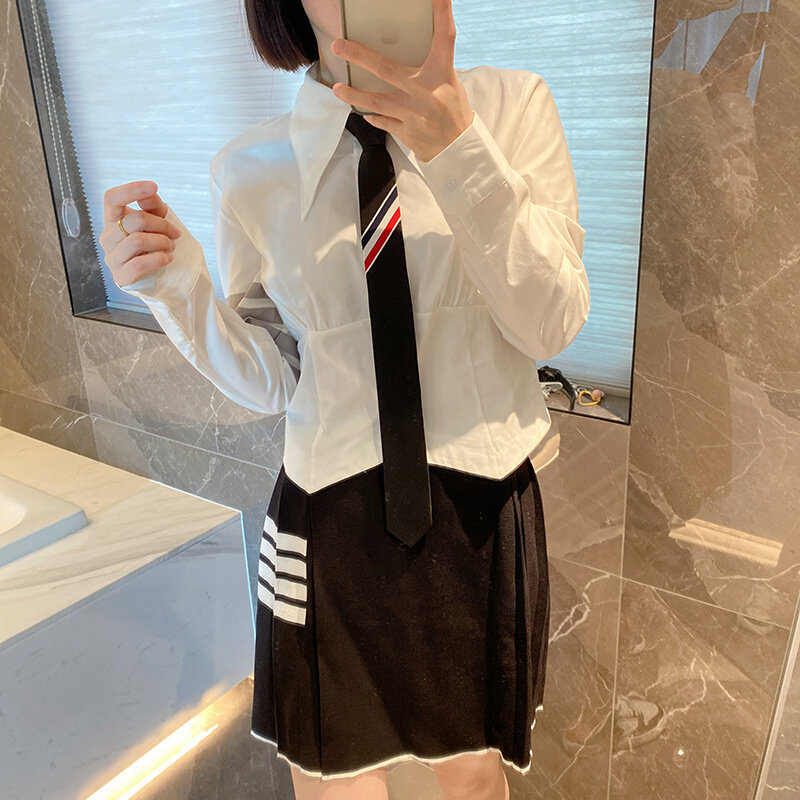 Alta Qualidade Estilo Coreano TB Slim Tie Camisa de Manga Longa Das Mulheres Primavera e Verão New College Branco Camisa Bottoming
