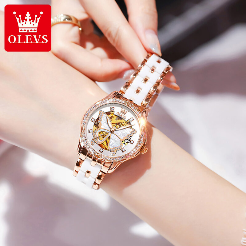 OLEVS Ceramic Strap Fashion Watch for Women Full-automatic Luxury Waterproof Automatic Mechanical Women Wristwatches