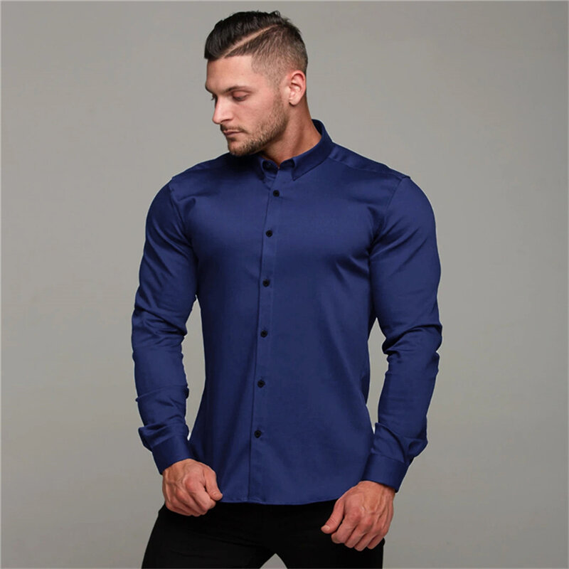Men's Long Sleeve Super Slim Fit Plain Casual Shirt Spring Autumn Winter High Quality Turn Down Collar Business Dress Shirt Men