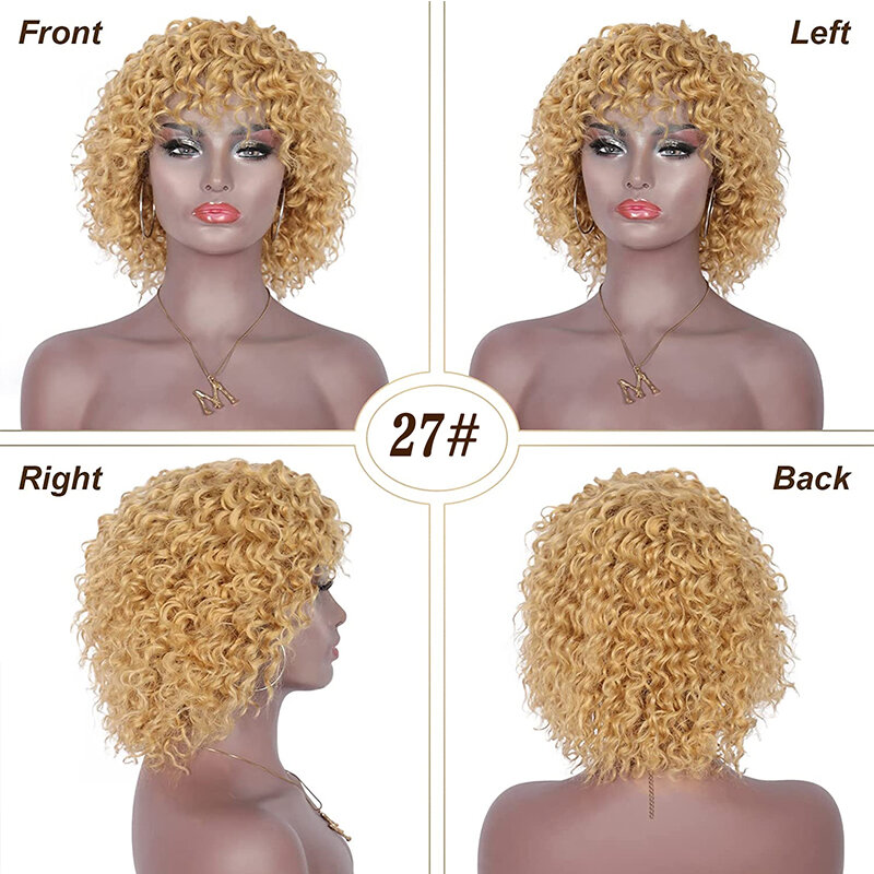 Short Curly Wig Full Machine Made Perucas de cabelo humano com Bangs Brazilian Bob Hair Cheap Deep Water Wave Wig para as mulheres