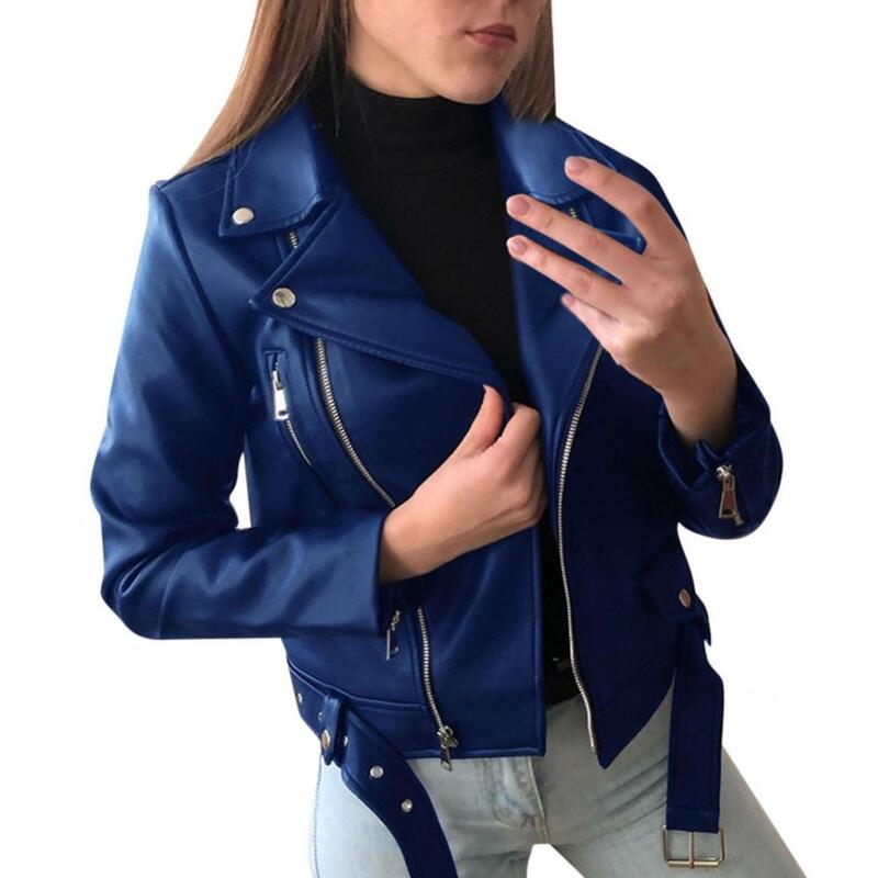 Winter Women's Zipper Artificial Leather Jacket Lapel Long Sleeve Short Coat PU Motorcycle Suit Trim Jacket