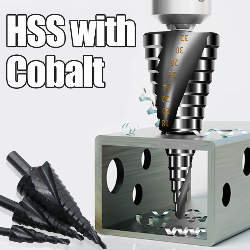 Zestaw wiertła stopniowe HSS Cobalt do metalu stal nierdzewna stożek ze stopu aluminium trzonek trójkątny rowek spiralny (z torbą)