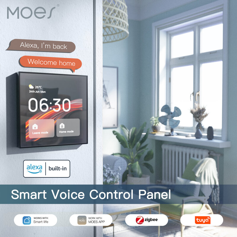 MOES-Panel de Control Central táctil Tuya, Wifi, Alexa, Control de voz incorporado y puerta de enlace ZigBee para escenas inteligentes, pantalla de 4 pulgadas