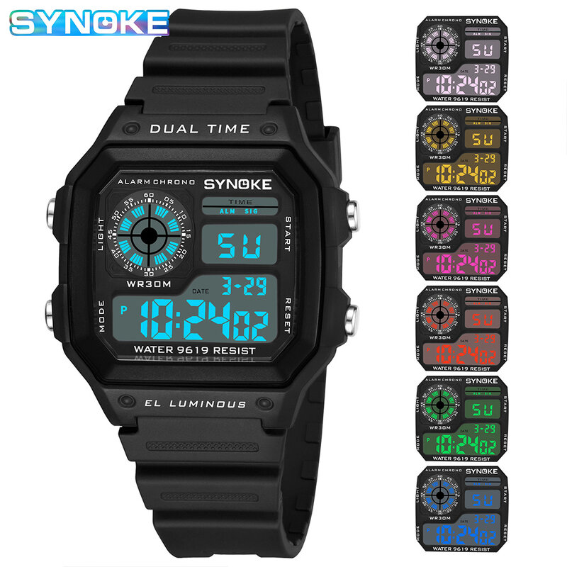 Synoke esportes militar relógio masculino à prova dwaterproof água relógios digitais quadrado colorido luminoso relógio de pulso eletrônico masculino reloj de hombre