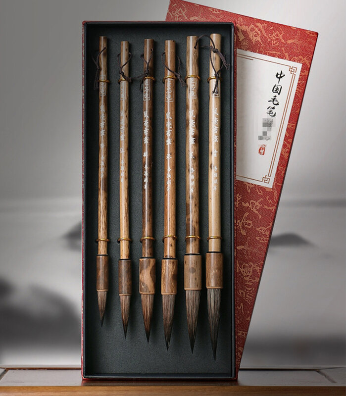 Juego de pinceles de bambú para caligrafía china, 6 piezas, caja de regalo, batidores de ratas, pincel de pintura para lavado Gouache, suministros de arte