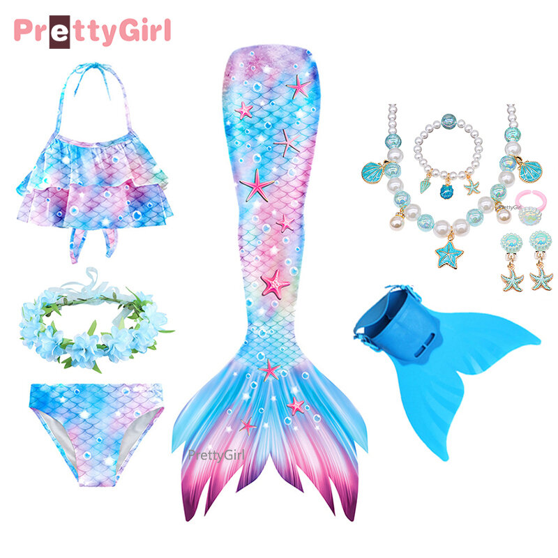 PrettyGirl-키즈 소녀 수영 인어 꼬리 인어 의상, 코스프레, 어린이 생일 선물, 판타지 수영복, 모노핀 추가 가능
