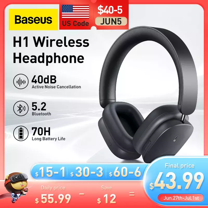 Baseus H1 Hybrid 40dB ANC słuchawki bezprzewodowe 4-mikrofony ENC słuchawki Bluetooth 5.2 40mm sterownik HiFi słuchawki douszne 70H czas