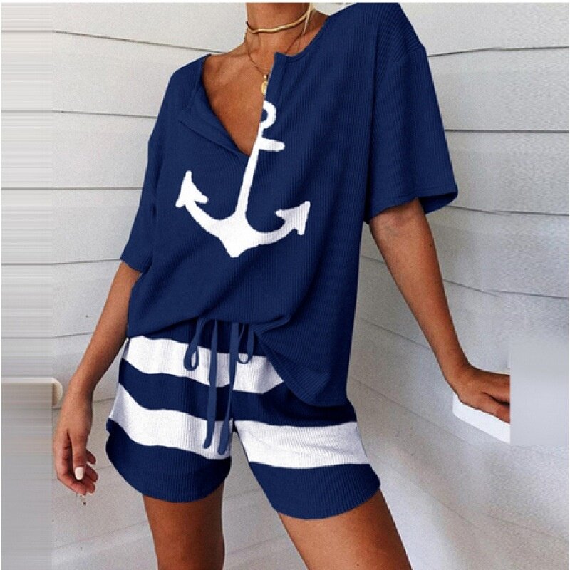 YICIYA Tracksuits Women's V-neck Boat Anchor Print Short Sleeve Top Wide Leg Pants Shorts Loose Two Piece Set Women Summer 2022