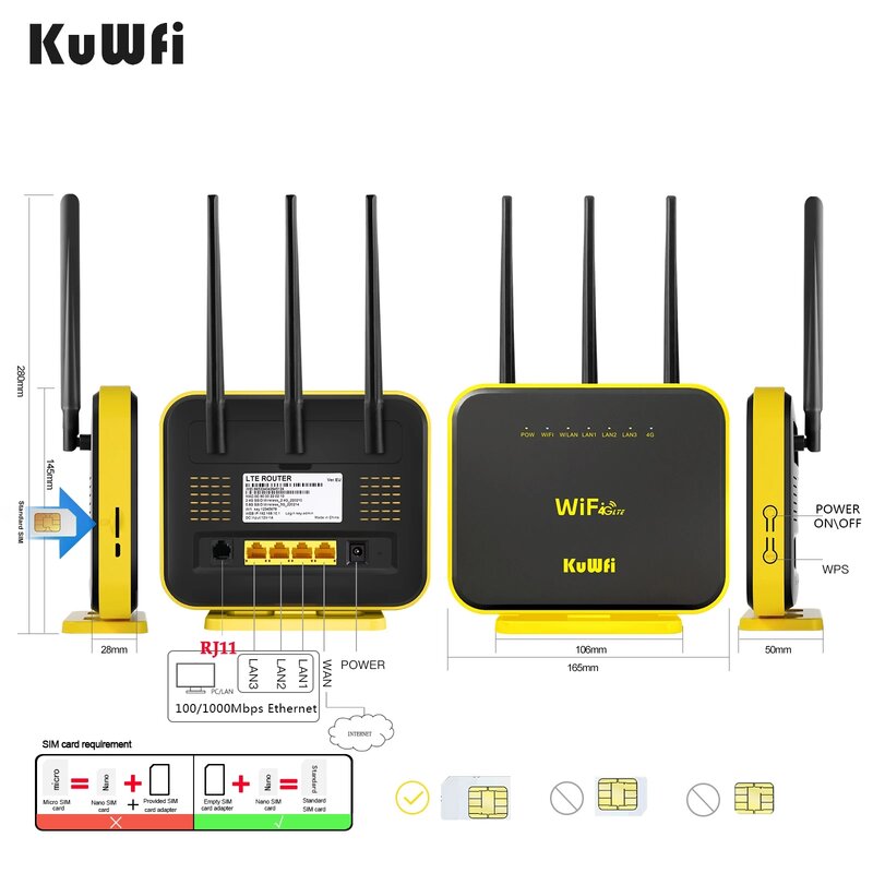 KuWFi Gigabit Router inalámbrico CAT4 4G SIM Wifi Router Desbloqueo de banda dual Módem WiFi portátil Hotspot 64 usuarios con Gigabit WAN LAN