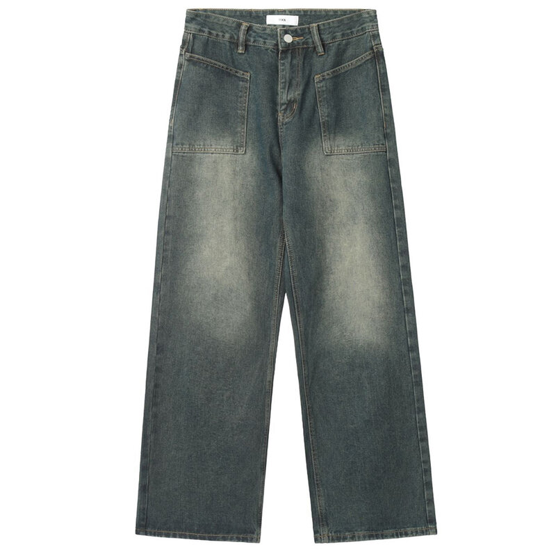 กางเกงยีนส์ผู้ชาย Vintage Straight Baggy Denim กางเกง Streetwear สไตล์อเมริกันขากว้างแบบแฟชั่นกางเกงกางเกง Retro แฟชั่นหลวมสบายๆ
