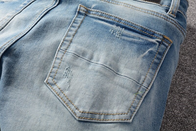 Verão de alta qualidade homme amir i bordado algodão biker jeans jeans homens magro estiramento calças jeans buraco calças em linha reta marca