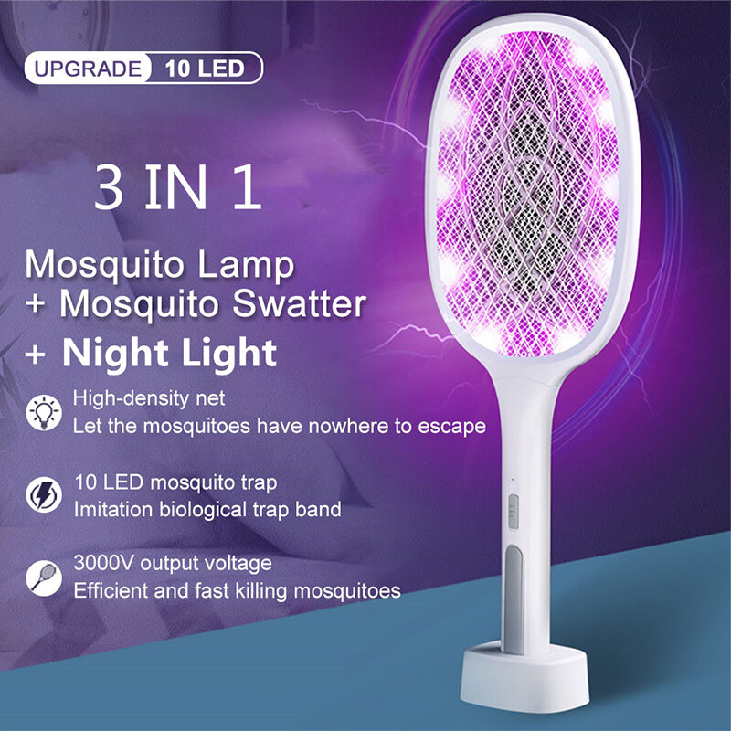 Luminária mata-mosquitos elétrica, rackelétrica com bateria recarregável via usb, para moscas e insetos no verão, 3000v, 10 leds
