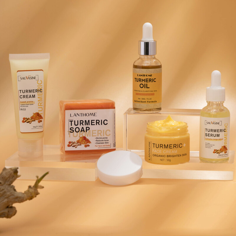Natural Organic Turmeric Skin Care Set, removedor de manchas escuras de acne, soro facial clareamento, creme facial hidratante, essência, 5pcs por conjunto