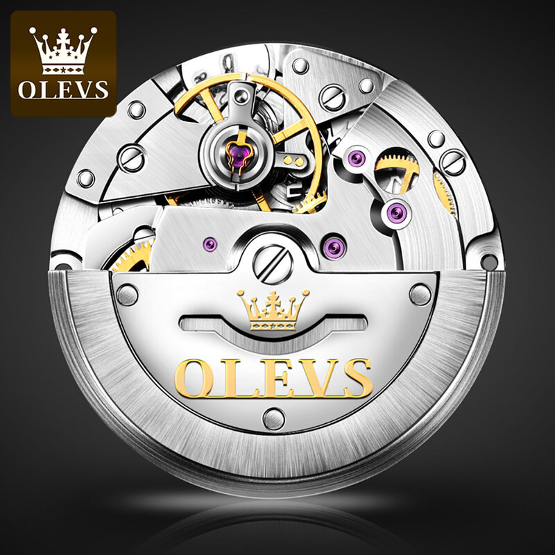 OLEVS-Reloj de pulsera automático para pareja, cronógrafo mecánico con correa de acero inoxidable, resistente al agua, a la moda