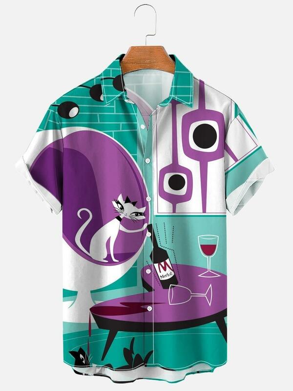 Camisa hawaiana con estampado de gato en 3d para hombre, camisetas de manga corta para vacaciones y playa, blusa de gran tamaño, verano, 2022