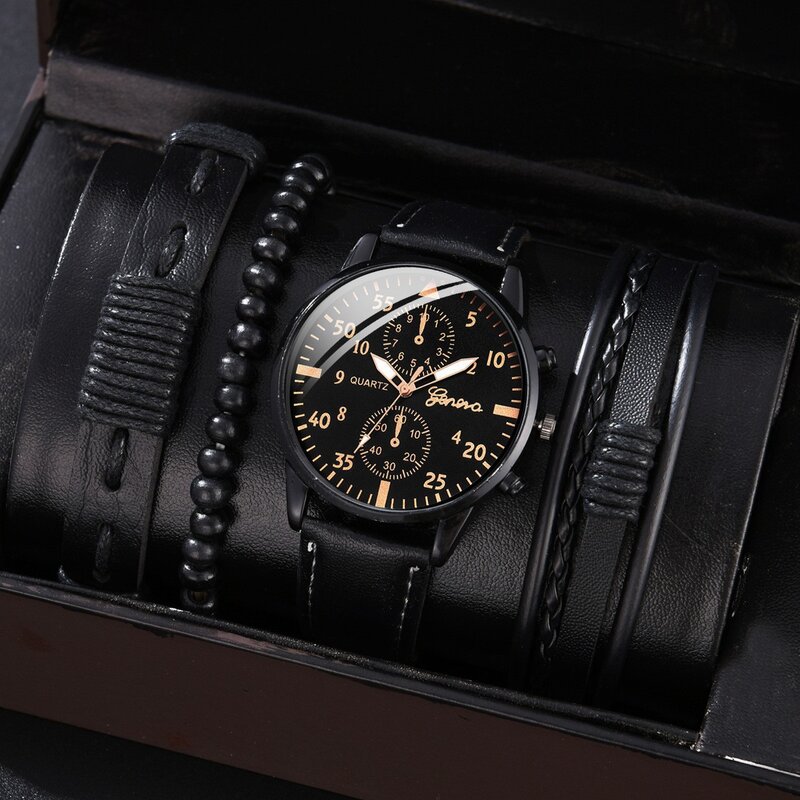 New Men Watch Luxury Bracelet Set Fashion Business Brown Leather Quartz Relógios de pulso para homens Gift Set Relogio masculino