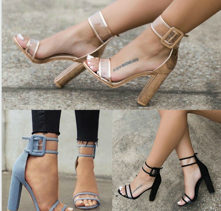 Damen Verband Transparent Sexy Sommer Partei Flock Sandale Schuhe 35-42 SizeWomen Ankle Strap High Heel Sandalen Schuhe