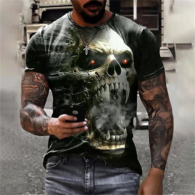 Summer 3D Print Men's Horror Skull T-shirts Loose O-Neck Short Sleeve Skeleton Street Rock Hip-Hop Tops & Tees Men Clothing 6XL