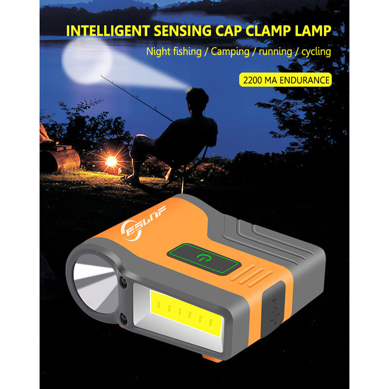 Luz de inducción con Clip para la cabeza, linterna con tapa de carga USB, 800mAh, COB, luz de inundación para pesca y Camping