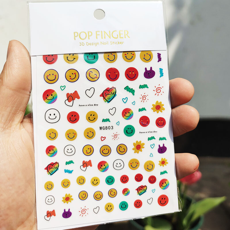 10 Buah Baru Kerajinan 3D Stiker Seni Kuku Wajah Tersenyum Berwarna Bunga Stiker Kuku Lucu Warna Permen Asal Garis Stiker Smiley