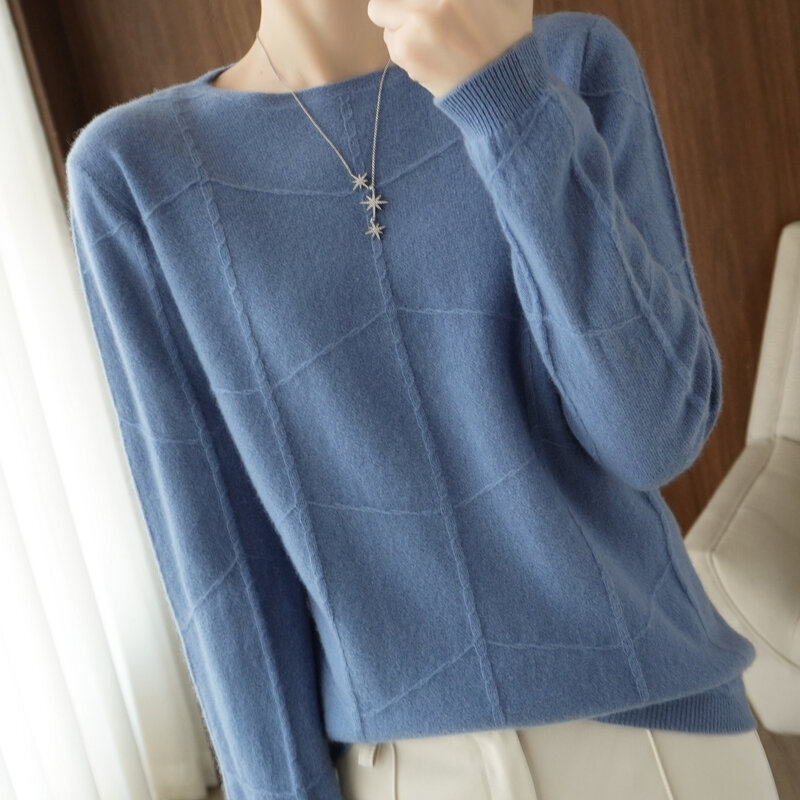 Sweater Wanita Kerah Bulat Pullover Wol Rajutan Musim Gugur Musim Dingin 2022 Serbaguna Rhomboid Warna Solid Lengan Panjang Longgar Menunjukkan Dasar Tipis
