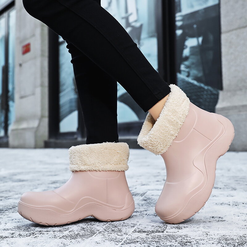 STRONGSHEN  Women Warm Fur Boots Rubber Ladies Thick Sole Rain Boots Waterproof Ankle Chelsea Boots Casual Thick Sole Short Boot