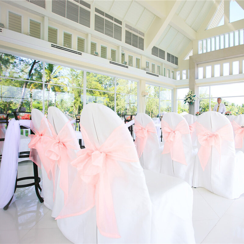高速配送50/100個オーガンザの結婚式の椅子サッシ結婚式の椅子のためにウェディングパーティーの装飾ホテル用品