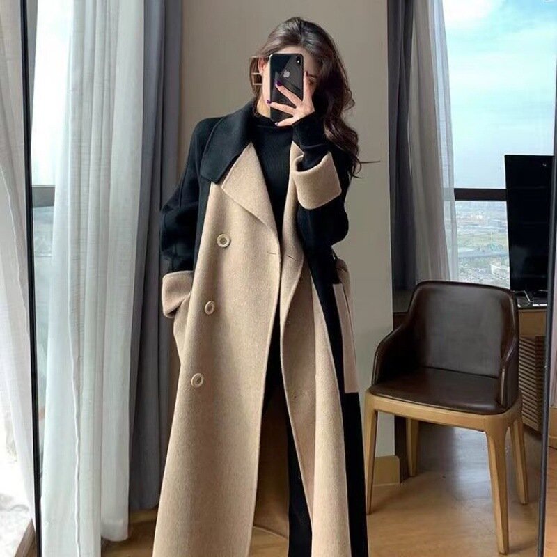Yiciya feminino outono casaco de lã cashmere longo casaco duplo-face cor correspondência plus size elegante mulher trench coat estilo coreano