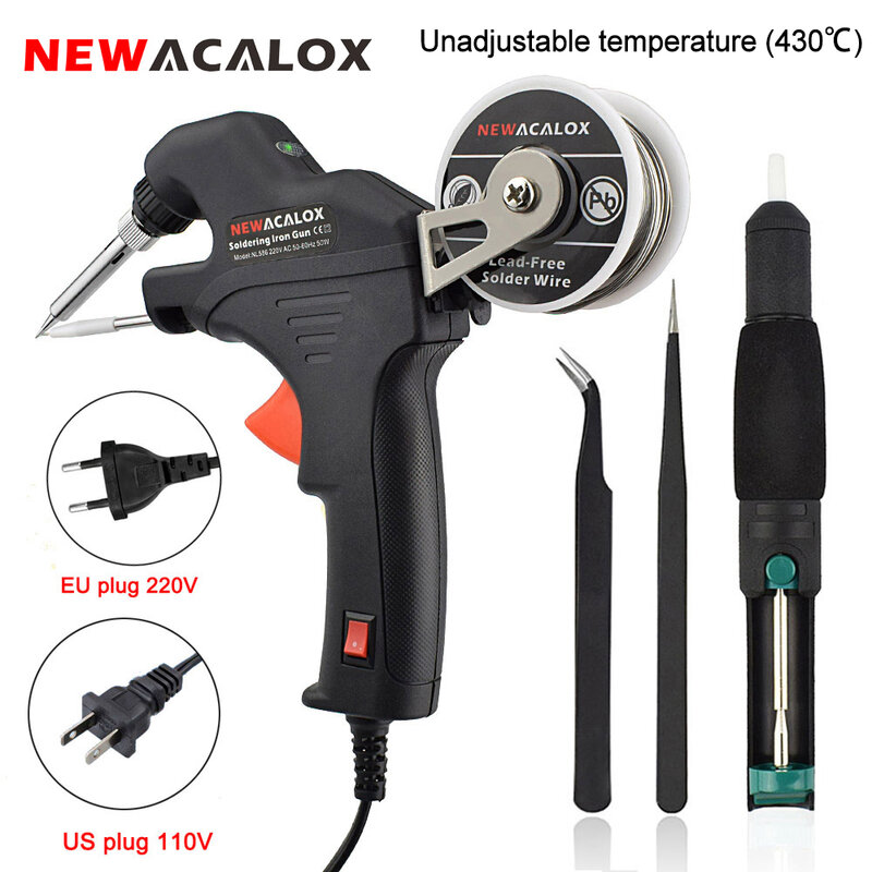 Newacalox ue 220v 50w ferro de solda elétrica aquecimento interno pistola de ferro de solda automática enviar lata arma para ferramentas de reparo pcb