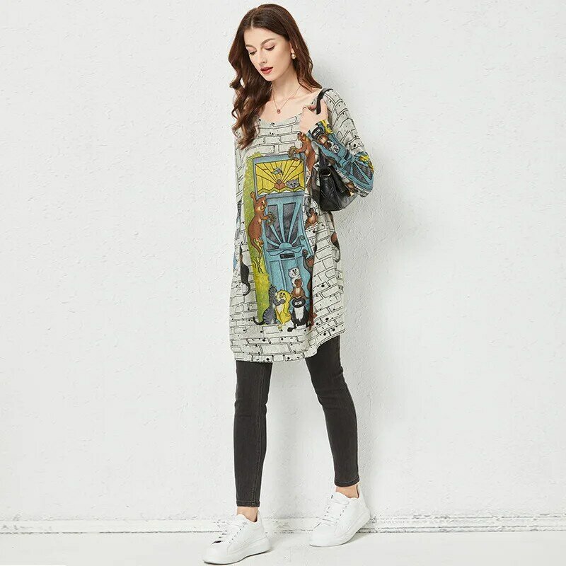 Cartoon Sweater Women Mid-length Bottoming Knitted Sweaters Print Loose Outer Wear Lazy Style Long-sleeved tops winter clothes
